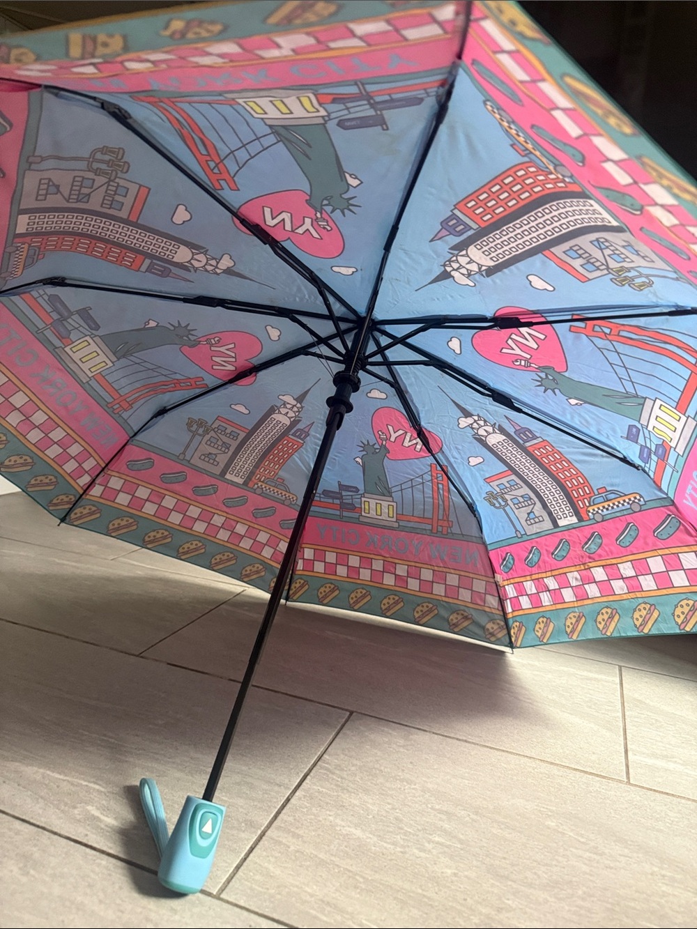 Automatic Open Pink and Teal NY Burger Print Umbrella